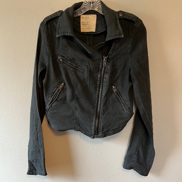 Free People Jackets & Blazers - Free People Rare Linen Moto Jacket Cropped Lightweight Washed Black Zippers 4